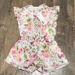 NWT Janie and Jack White Floral Ruffle Romper with Pink & Green Accents 18-24M